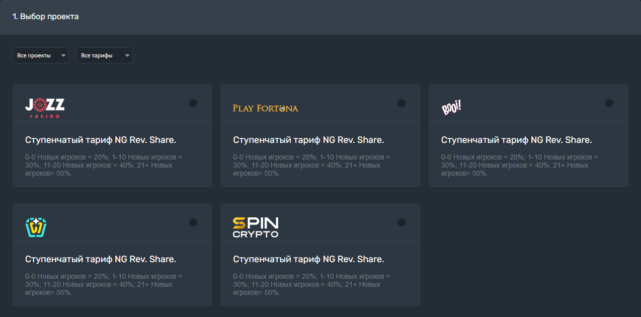Пять проектов и ступенчатый тариф RevShare в кабинете Gambling Craft